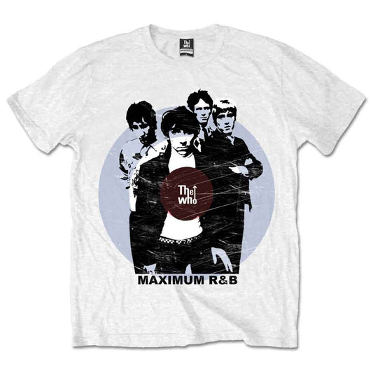 White t-shirt with a black and white graphic of The Who.