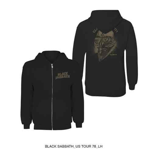 Black zip-up hoodie with Black Sabbath graphic worn by a man.