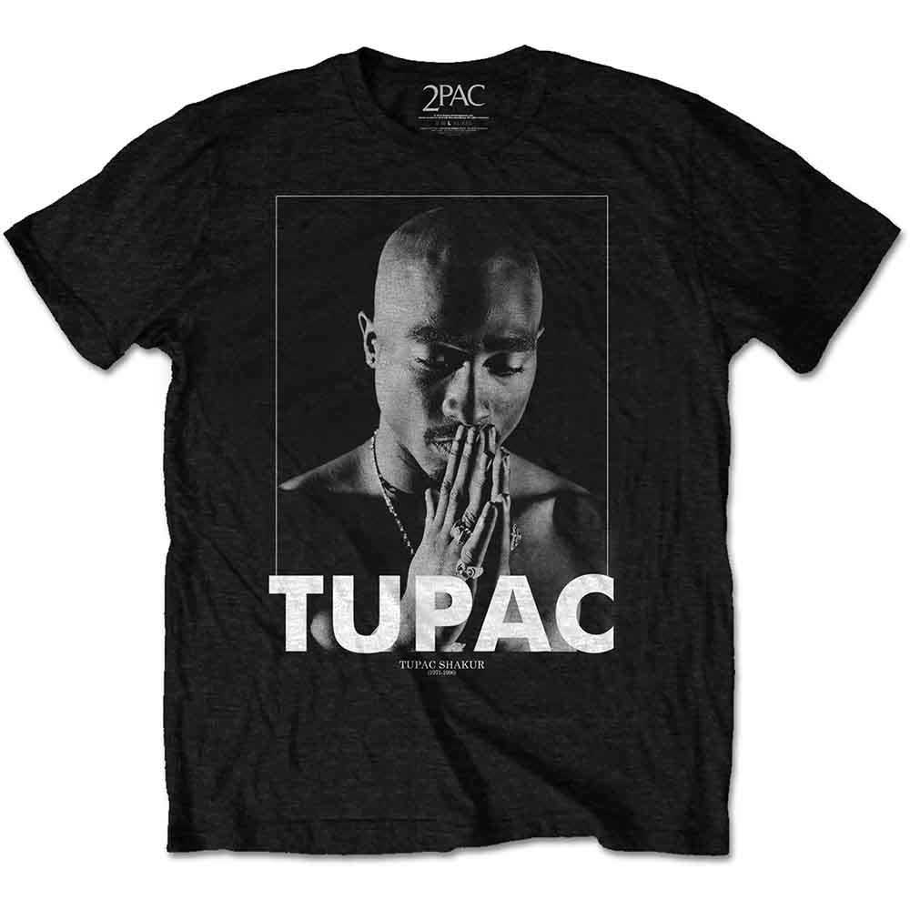 Charcoal grey t-shirt with a portrait of Tupac Shakur in prayer.
