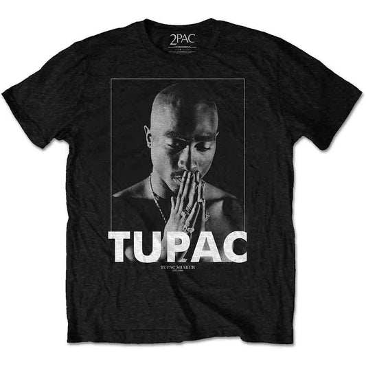Charcoal grey t-shirt with a portrait of Tupac Shakur in prayer.