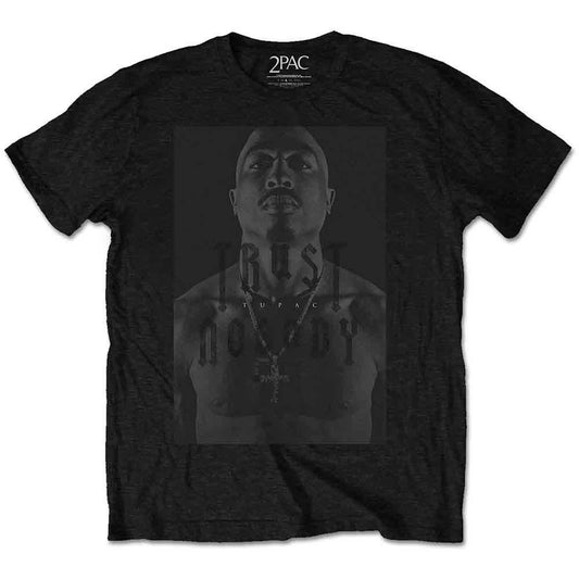 Black t-shirt with a grayscale portrait of Tupac and "Trust No One" text.