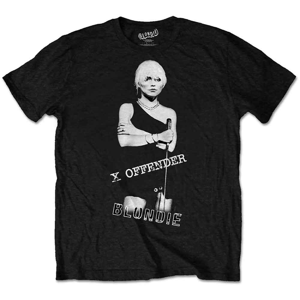 Black t-shirt with a white portrait of Debbie Harry from Blondie.
