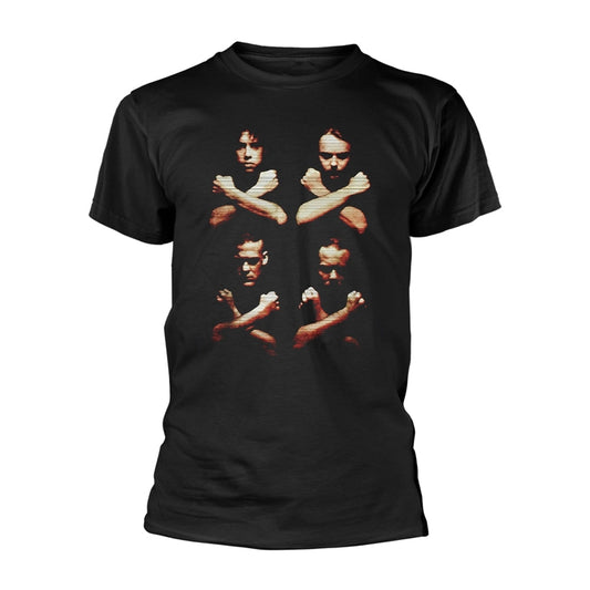 Black t-shirt with a graphic of crossed arms and faces.
