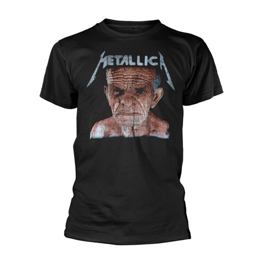 Black t-shirt with distressed graphic of an aged face and "Metallica" text.