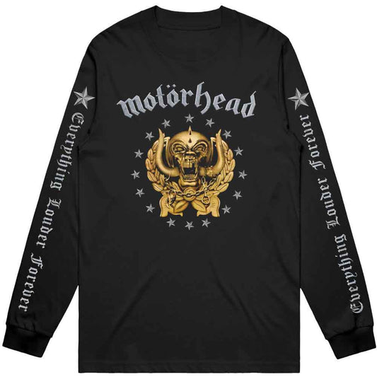 Black long-sleeved Motörhead shirt with gold skull graphic and Everything Louder Forever text.