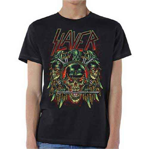 Black t-shirt with a colorful Slayer band logo featuring skulls and eagles.