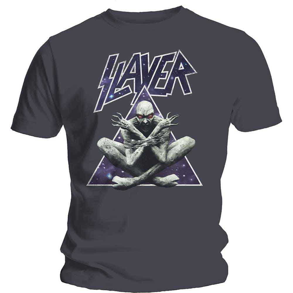 Charcoal grey t-shirt featuring a Slayer logo above a demon inside a galaxy triangle.