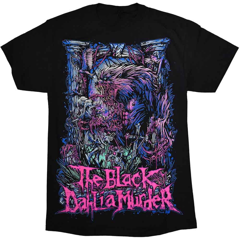 Black t-shirt with colorful, detailed wolf and band logo graphic.