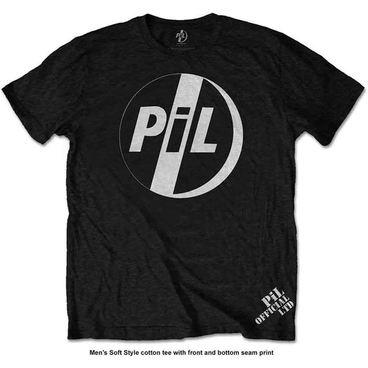 Black t-shirt with a circular PiL logo and a man wearing it.