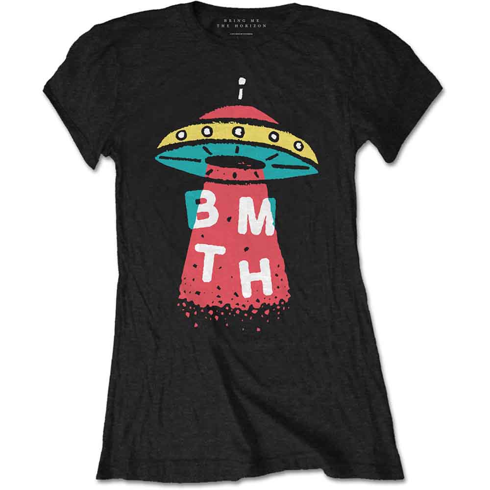 Black women’s t-shirt with a colorful UFO and “BMTH” graphic.