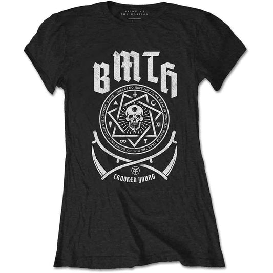 Black women's t-shirt with Bring Me The Horizon skull and text design.