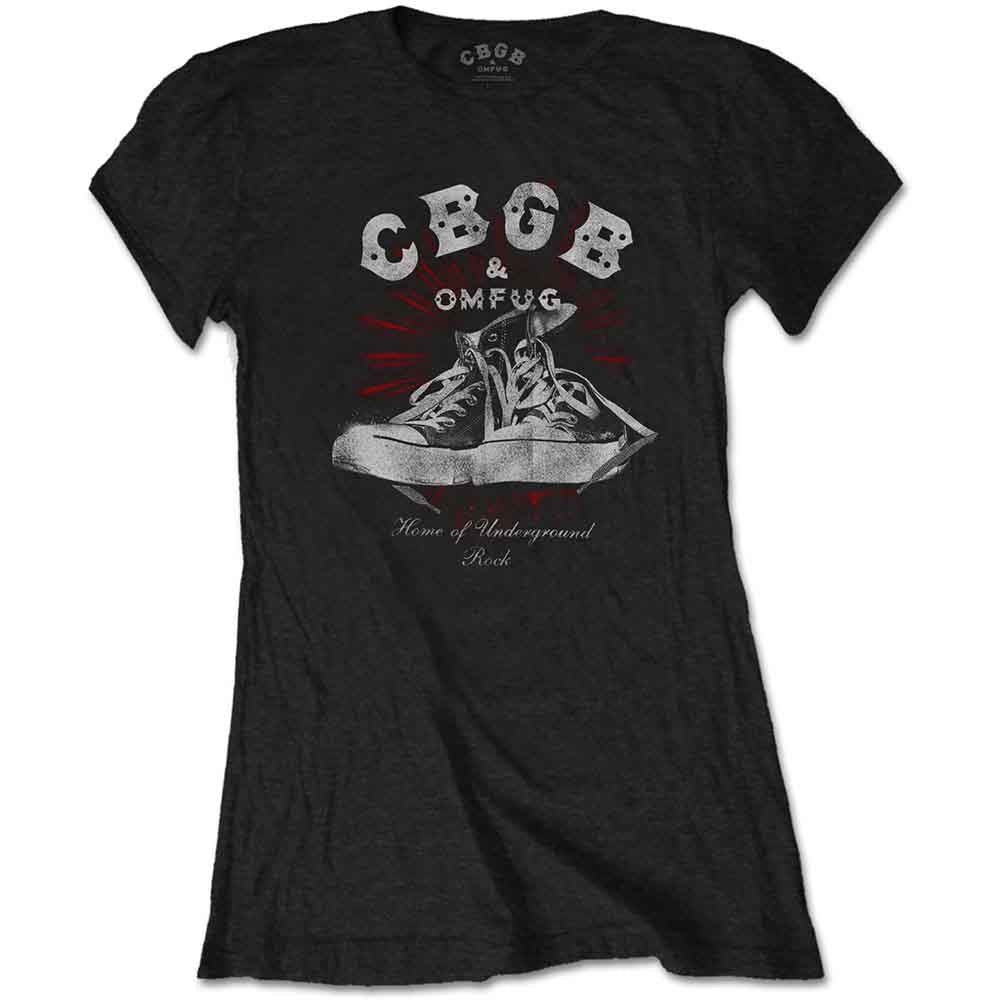 Black women’s t-shirt with CBGB logo and Converse sneakers graphic.