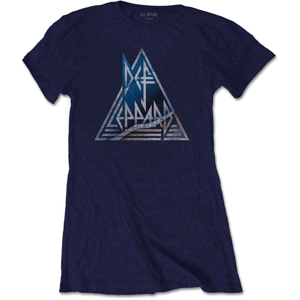 Navy blue t-shirt with a large, silver and blue Def Leppard triangle logo.