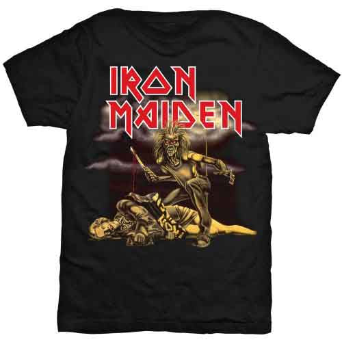 A woman wearing a black Iron Maiden t-shirt with a graphic of Eddie.