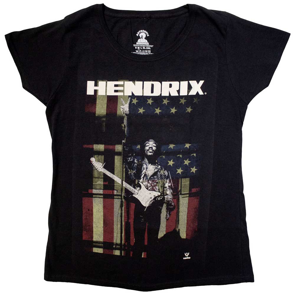 Black women's scoop-neck t-shirt with a Jimi Hendrix and American flag graphic.