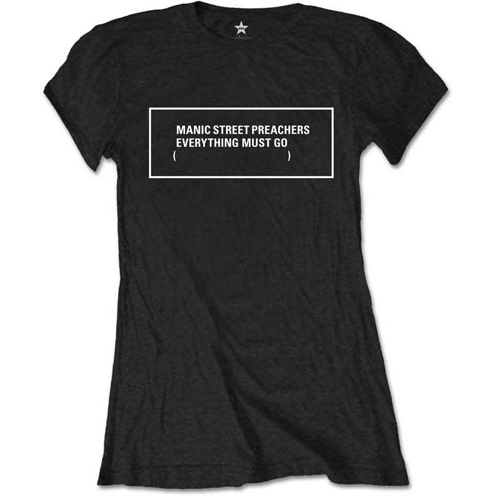 Black women's t-shirt with white text: "Manic Street Preachers Everything Must Go.