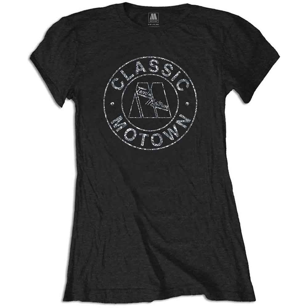 Black women's t-shirt with a sparkly "Classic Motown" logo design.
