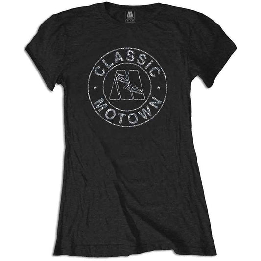 Black women's t-shirt with a sparkly "Classic Motown" logo design.