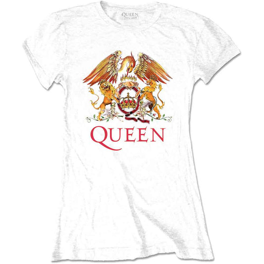 Woman wearing a black Queen t-shirt with the band’s crest.