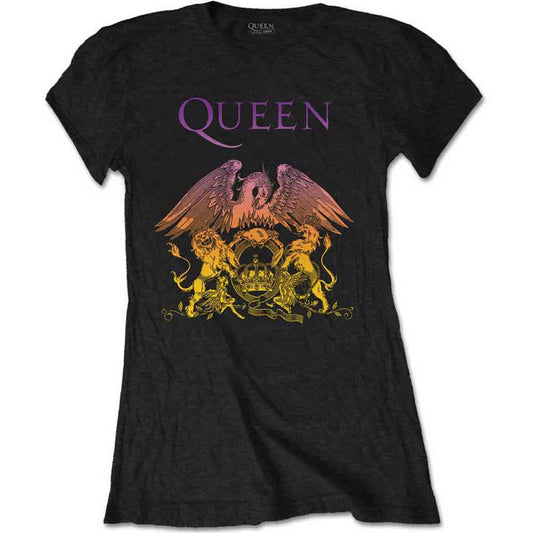 Black women’s t-shirt with a gradient Queen crest design.