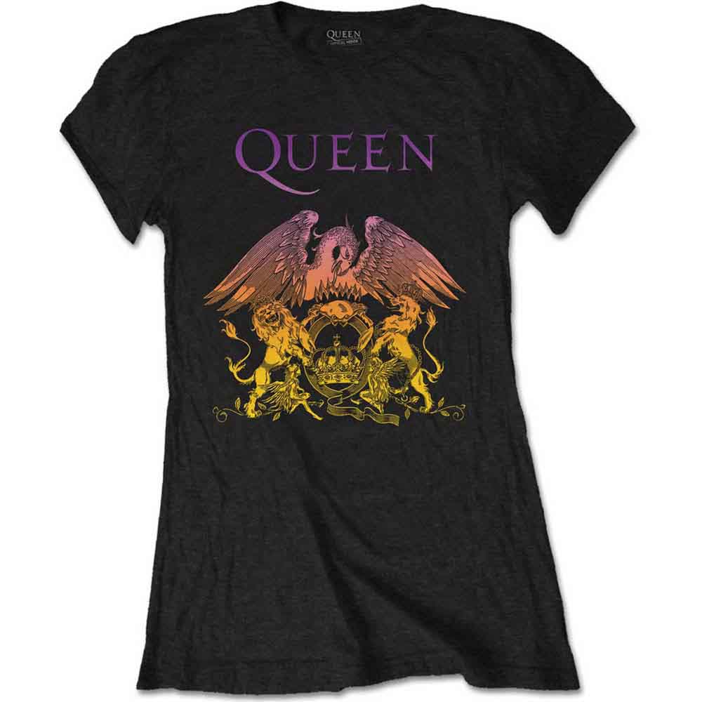 Black women’s t-shirt with a gradient Queen crest design.