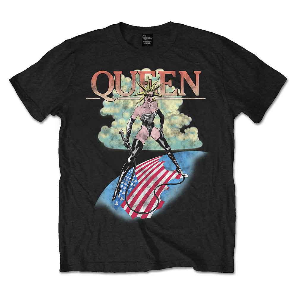 Man wearing black Queen t-shirt with illustrated graphic.
