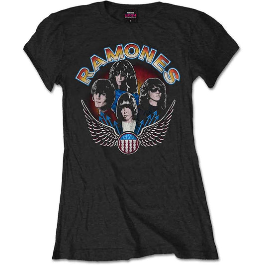 Woman wearing a black Ramones t-shirt with a winged logo design.