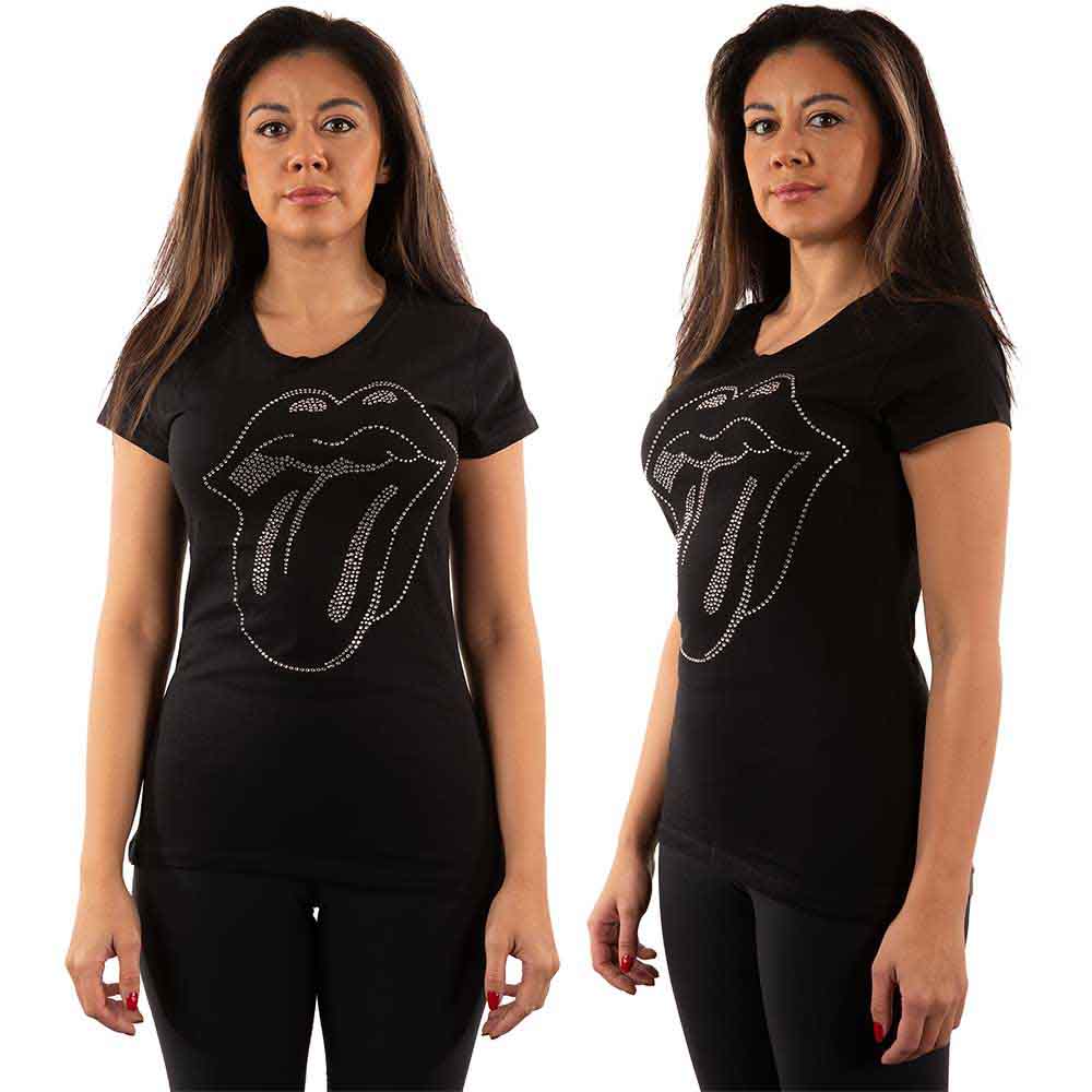 Black women's t-shirt with The Rolling Stones' rhinestone tongue logo.