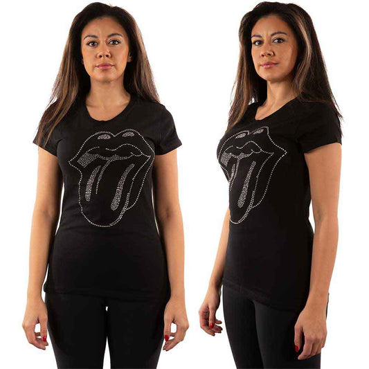 Black women's t-shirt with The Rolling Stones' rhinestone tongue logo.
