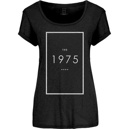 Black women's t-shirt with white rectangular logo reading "The 1975".