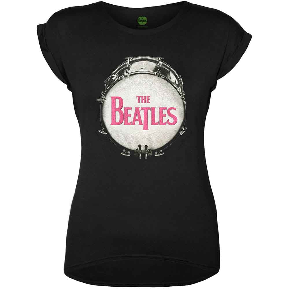 Black women's t-shirt with a white Beatles drum graphic print.