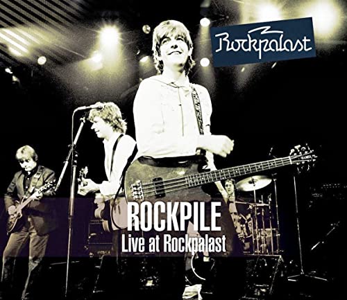 Rockpile band performing live on stage, album cover art.