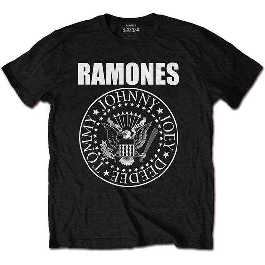 Large, faded black Ramones t-shirt with a white Presidential Seal graphic.