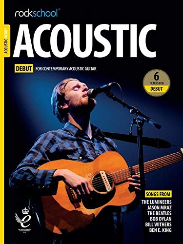 Cover of Rockschool Acoustic Guitar Debut music book featuring a guitarist singing into a microphone.