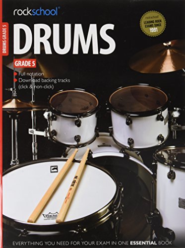 Rockschool Drums Grade 5 music book cover featuring a drum kit and drumsticks.