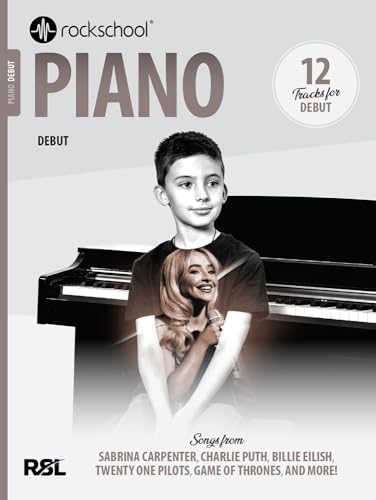 Rockschool Piano Debut music book cover featuring a young boy in front of a piano.