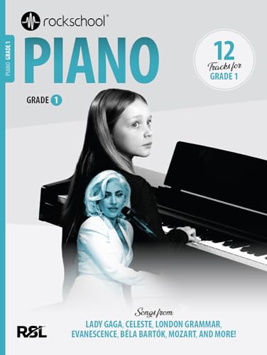 Rockschool Piano Grade 1 music book cover featuring a girl playing a grand piano.