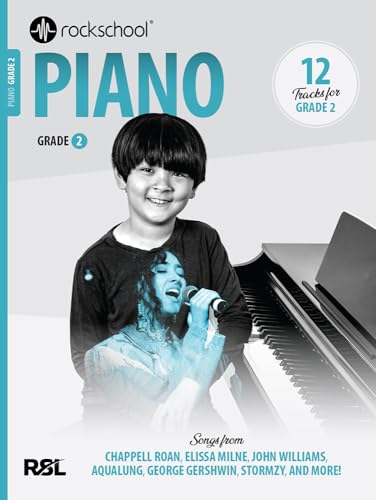 Rockschool Piano Grade 2 book cover with a young pianist and artwork.