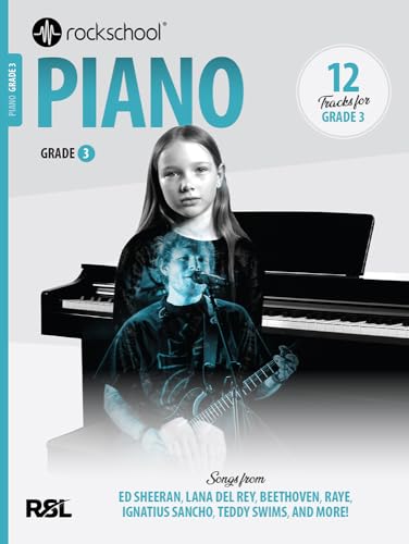 Rockschool Piano Grade 3 music book cover with a girl and a piano.