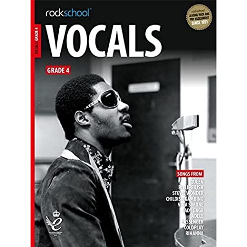 Rockschool Vocals Grade 4 book cover with a singer at a microphone.