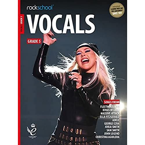 Rockschool Vocals Grade 5 textbook cover featuring a singer with a microphone.