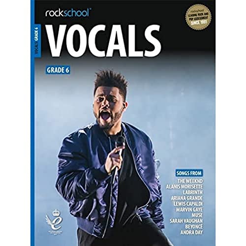 Rockschool Vocals Grade 6 textbook cover featuring a singer with a microphone.