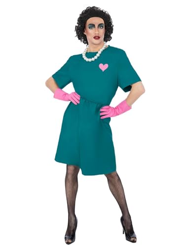 Person in teal dress, pink gloves, and black wig as Frank N Furter.