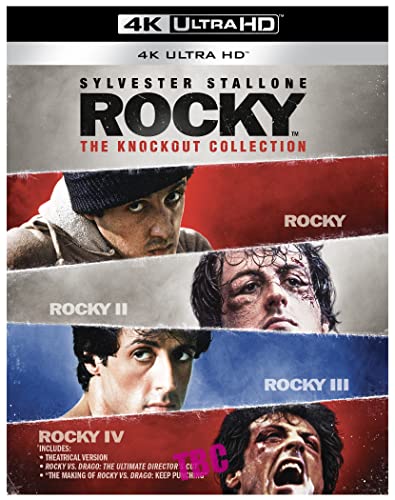 Blu-ray cover for "Rocky" I-IV collection featuring Sylvester Stallone in boxing scenes.