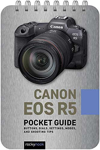 Spiral-bound guide featuring a Canon EOS R5 camera on a brushed metal background.