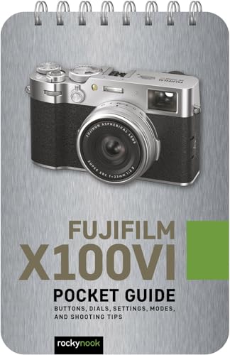 SpiralHole-punched pocketC guide cover featuring a silver Fujifilm X100VI camera on brushed metal.