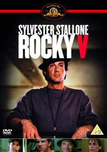 Sylvester Stallone wearing a hat and grey sweater on the Rocky V DVD cover.