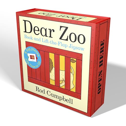 Red "Dear Zoo" book and jigsaw puzzle box with animal illustration.