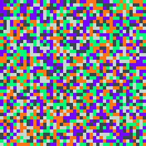 Abstract digital pattern of small, multicolored pixel squares in purple, orange, green, and gray.