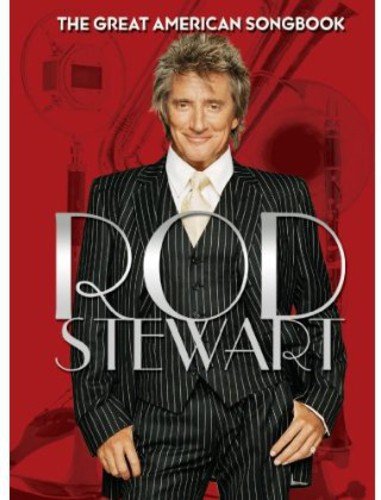 "Rod Stewart in a pinstripe suit on a red background with white text."